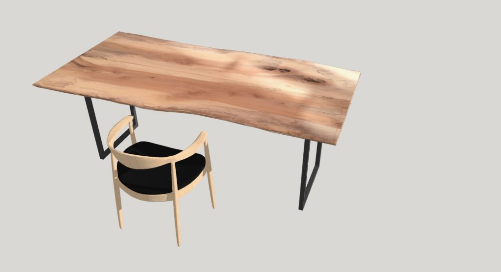 HAVA studios design rendering for spalted sycamore desk with metal legs