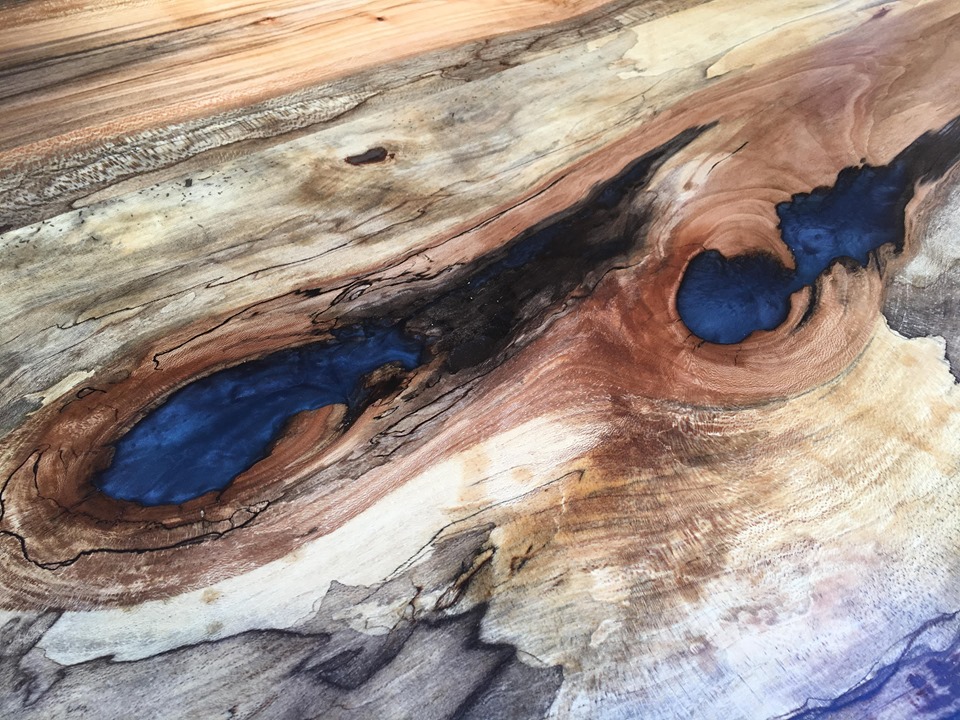 Heavily spalted sycamore with holes filled with EcoPoxy Metallic Pigment, Ocean mica powder